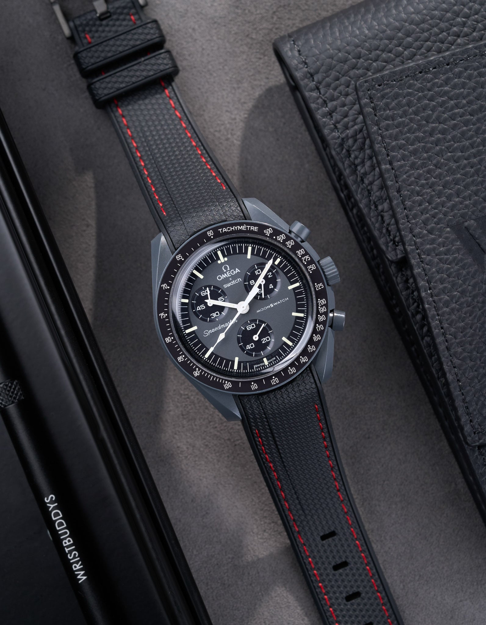 Curved Premium Rubber Strap - Black & Red Stitches